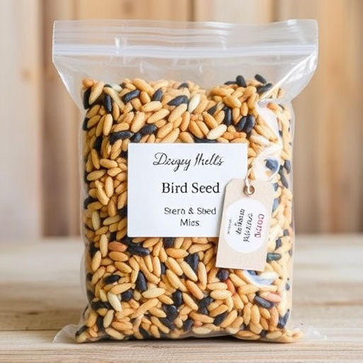 Packaged bird seed mix with label visible