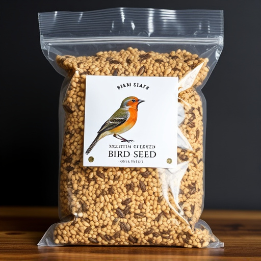 Packaged bird seed mix with label visible