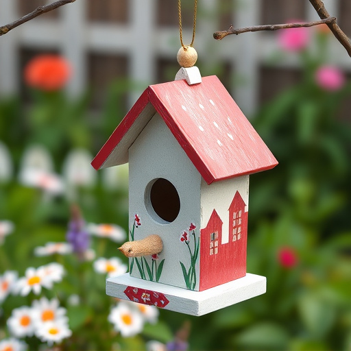 Painted birdhouse hanging in garden