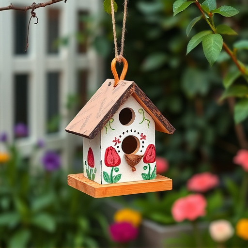 Painted birdhouse hanging in garden