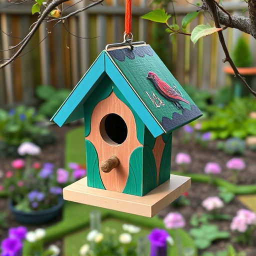 Painted birdhouse hanging in garden