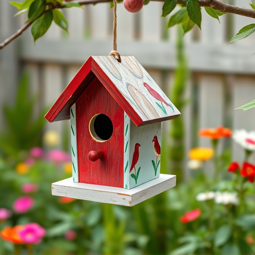Painted birdhouse hanging in garden