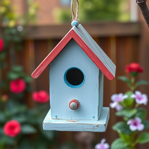 Painted birdhouse hanging in garden