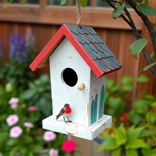 Painted birdhouse hanging in garden