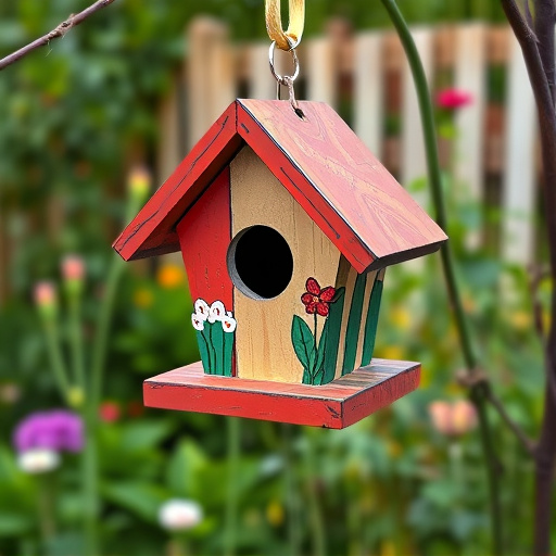 Painted birdhouse hanging in garden