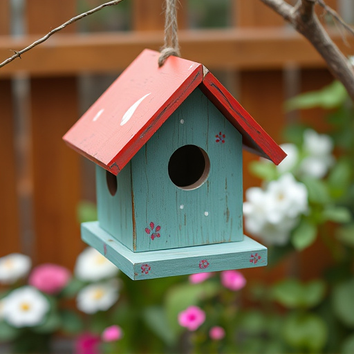 Painted birdhouse hanging in garden