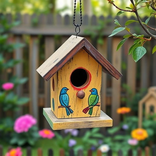 Painted birdhouse hanging in garden