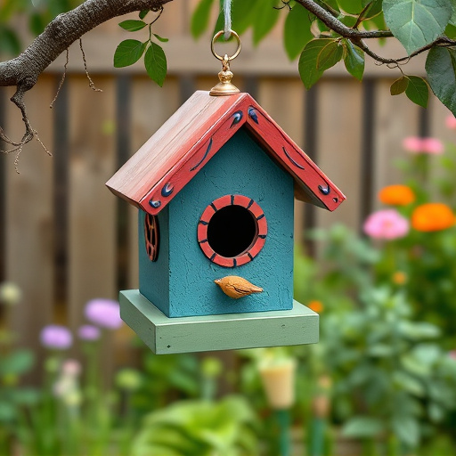 Painted birdhouse hanging in garden