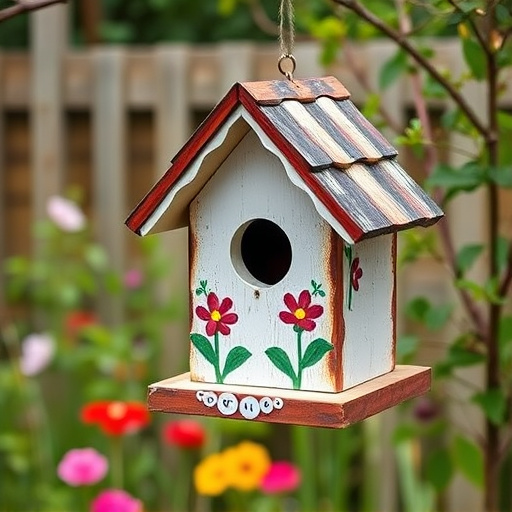 Painted birdhouse hanging in garden