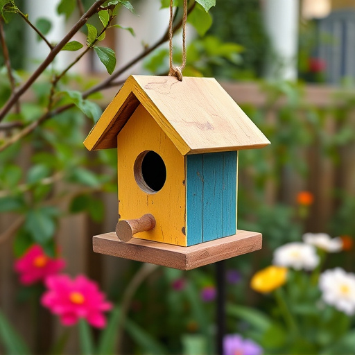 Painted birdhouse hanging in garden