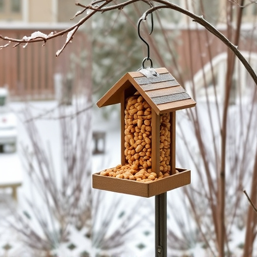Peanut feeder surrounded by winter garden scenery