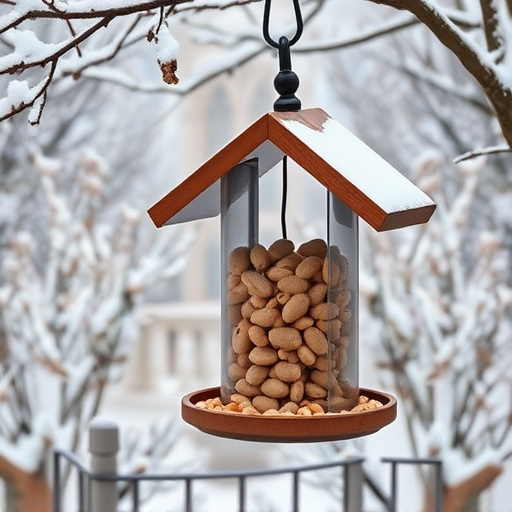 Peanut feeder surrounded by winter garden scenery