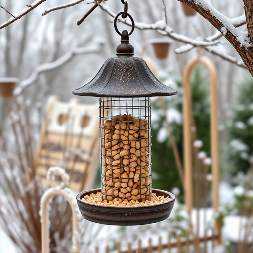 Peanut feeder surrounded by winter garden scenery