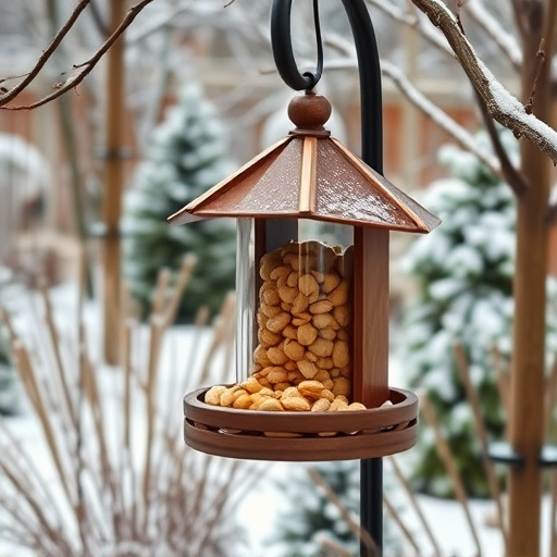 Peanut feeder surrounded by winter garden scenery