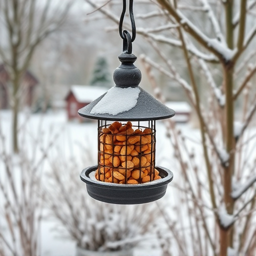 Peanut feeder surrounded by winter garden scenery