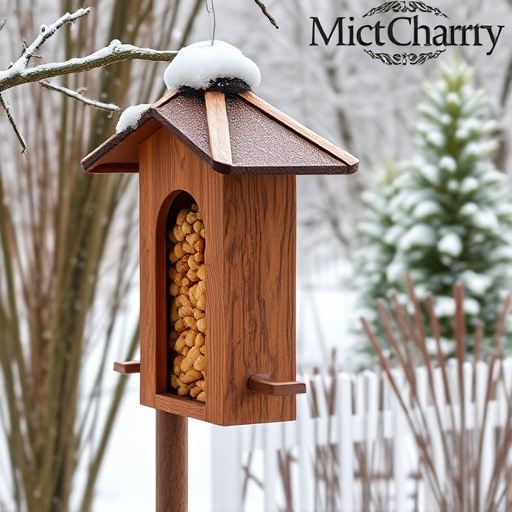 Peanut feeder surrounded by winter garden scenery