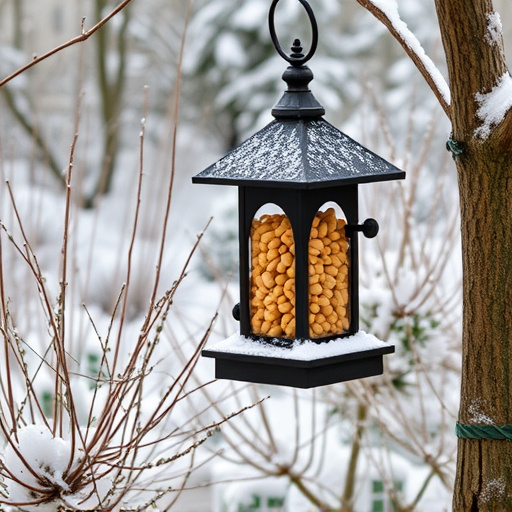 Peanut feeder surrounded by winter garden scenery