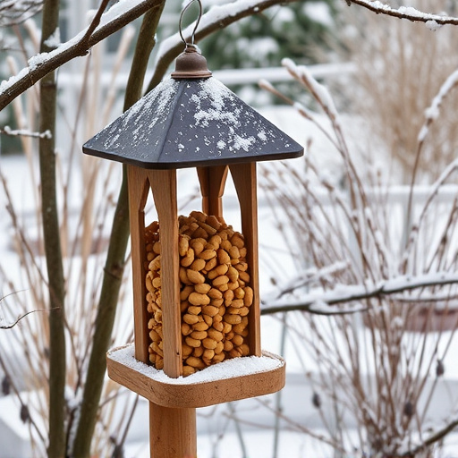 Peanut feeder surrounded by winter garden scenery