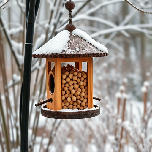 Peanut feeder surrounded by winter garden scenery