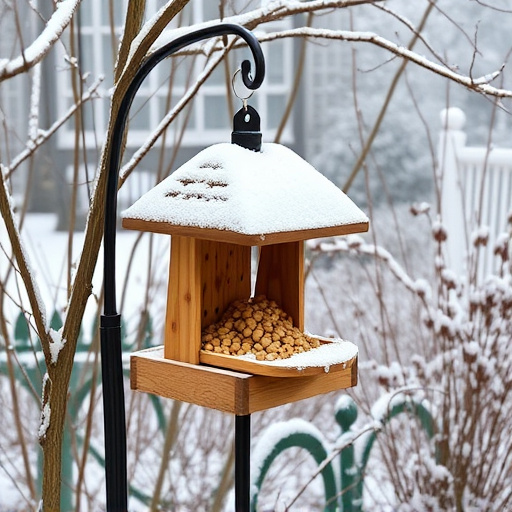 Peanut feeder surrounded by winter garden scenery