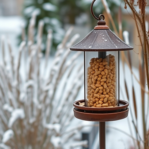 Peanut feeder surrounded by winter garden scenery