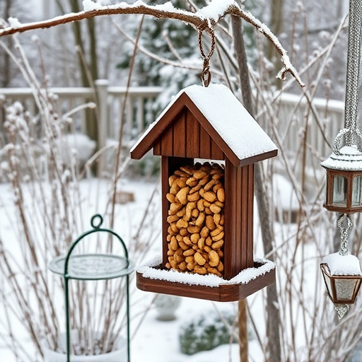 Peanut feeder surrounded by winter garden scenery
