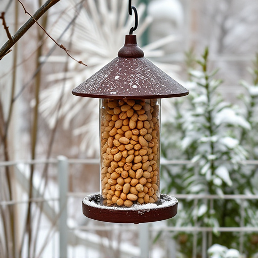 Peanut feeder surrounded by winter garden scenery