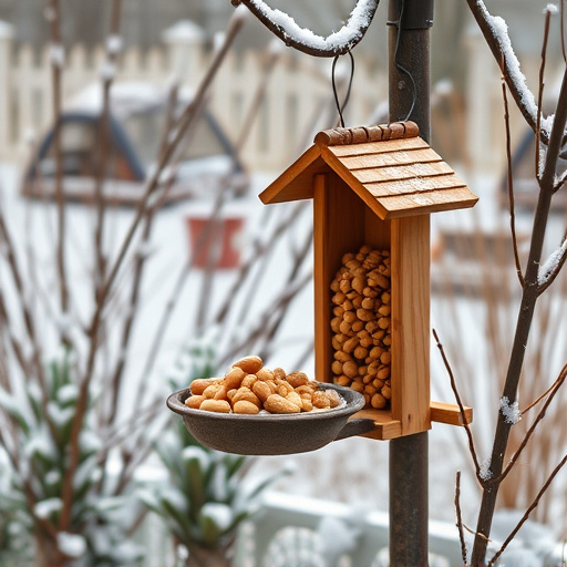 Peanut feeder surrounded by winter garden scenery