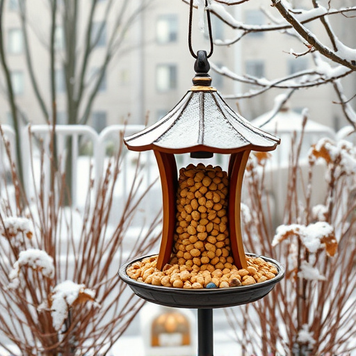 Peanut feeder surrounded by winter garden scenery