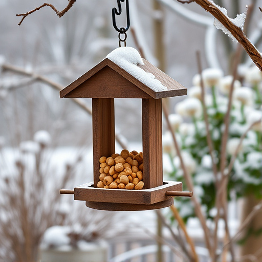 Peanut feeder surrounded by winter garden scenery