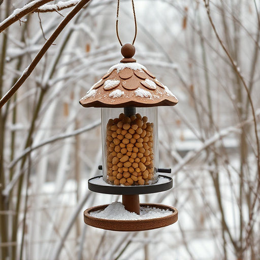 Peanut feeder surrounded by winter garden scenery
