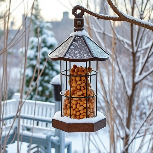 Peanut feeder surrounded by winter garden scenery
