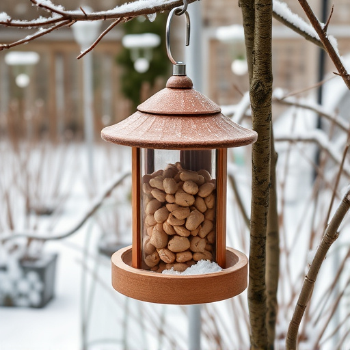 Peanut feeder surrounded by winter garden scenery