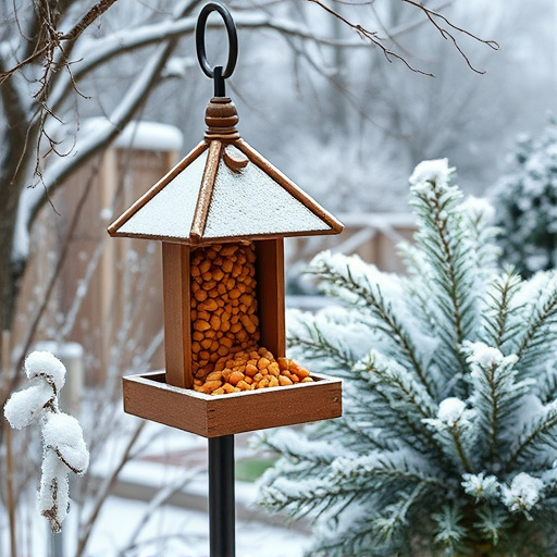 Peanut feeder surrounded by winter garden scenery