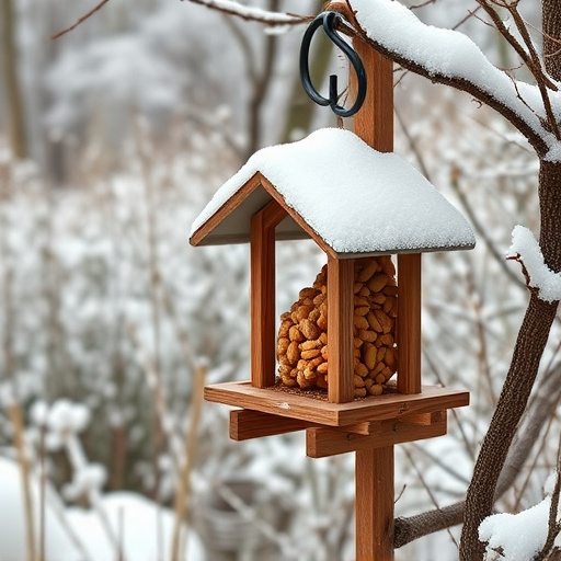 Peanut feeder surrounded by winter garden scenery