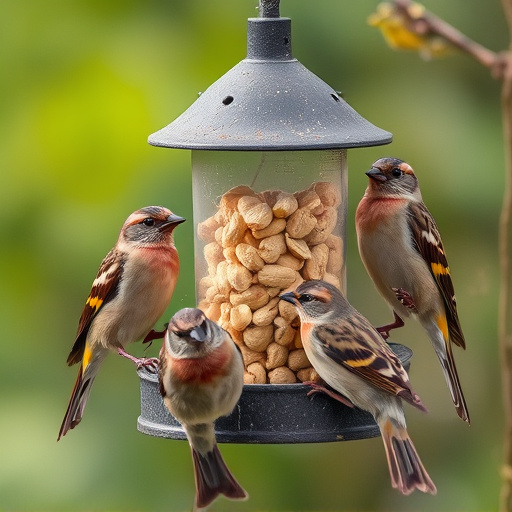 Peanuts in feeder surrounded by sparrows