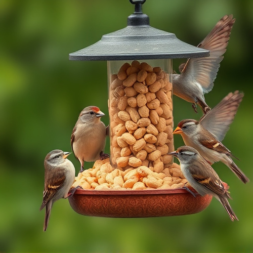 Peanuts in feeder surrounded by sparrows