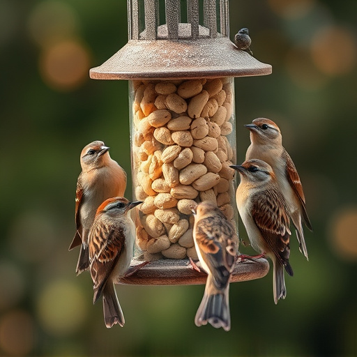 Peanuts in feeder surrounded by sparrows