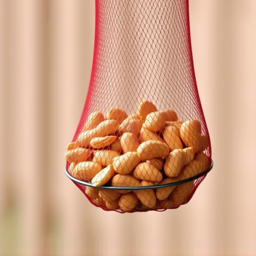 Peanuts in mesh feeder hanging outdoors