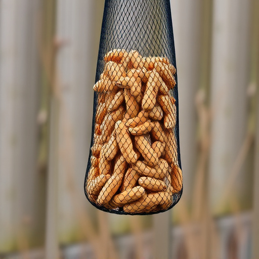 Peanuts in mesh feeder hanging outdoors