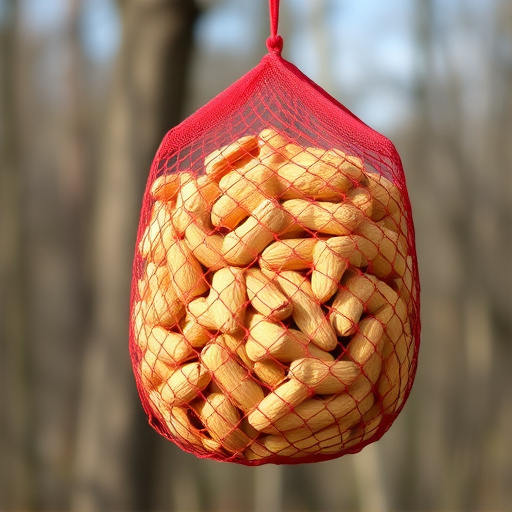 Peanuts in mesh feeder hanging outdoors