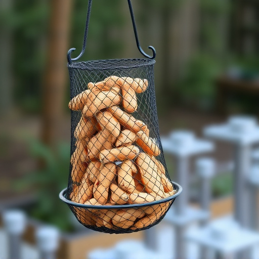 Peanuts in mesh feeder hanging outdoors