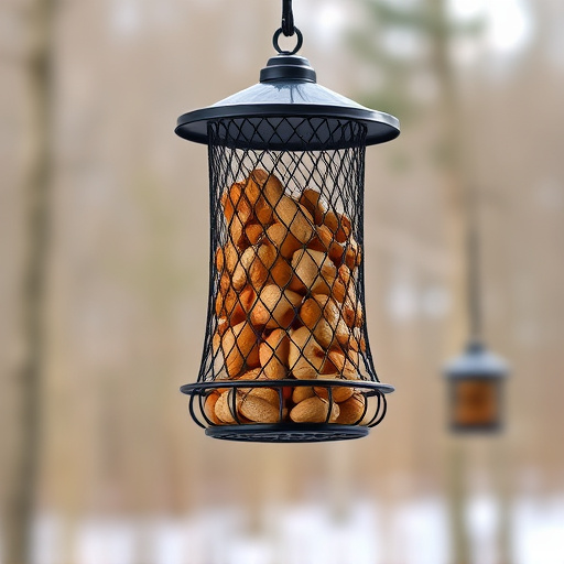Peanuts in mesh feeder hanging outdoors