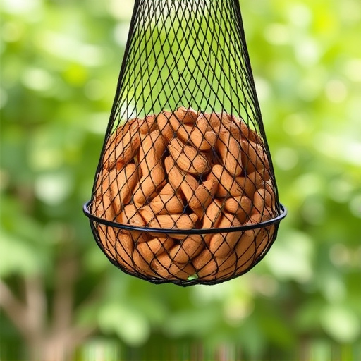 Peanuts in mesh feeder hanging outdoors