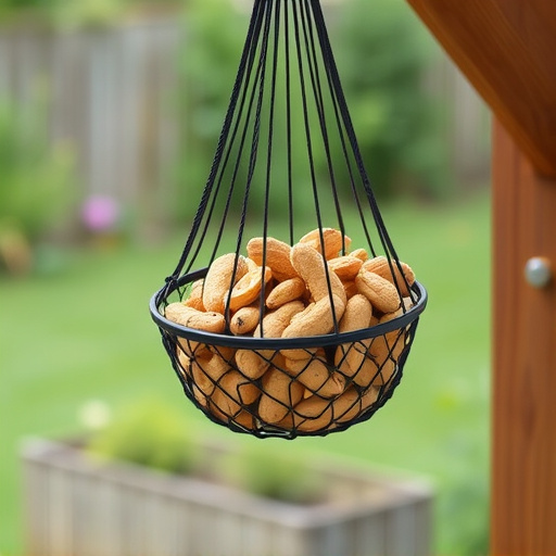 Peanuts in mesh feeder hanging outdoors