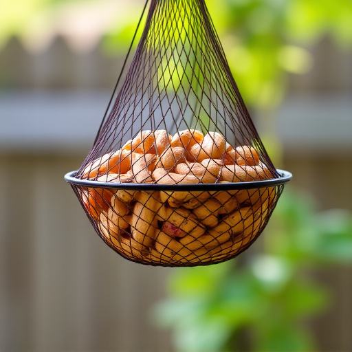 Peanuts in mesh feeder hanging outdoors