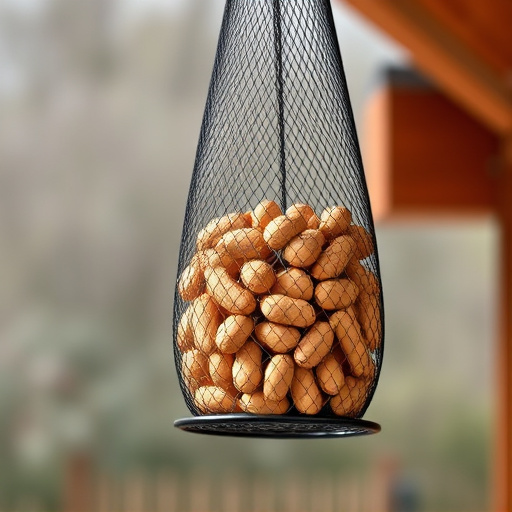 Peanuts in mesh feeder hanging outdoors