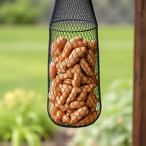Peanuts in mesh feeder hanging outdoors