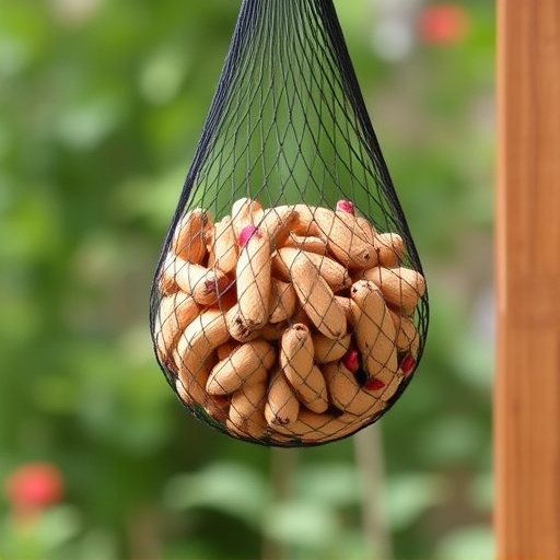 Peanuts in mesh feeder hanging outdoors