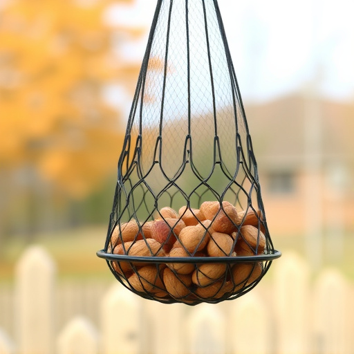 Peanuts in mesh feeder hanging outdoors